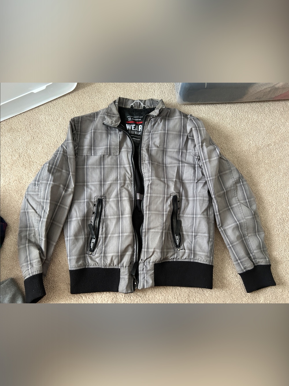 Urban Outfitters Men’s Gray Plaid Bomber Jacket with Black Trim